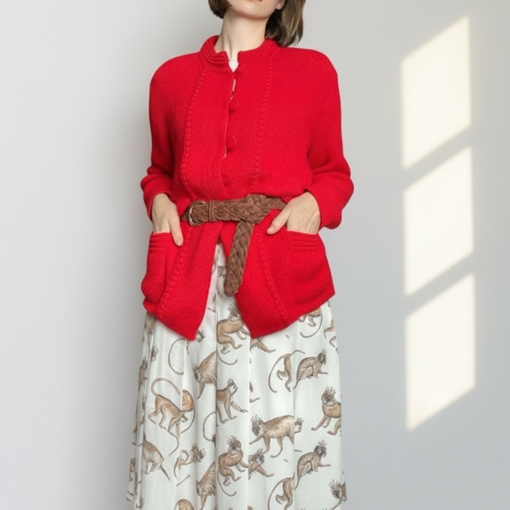 Manos Andinas Baby Alpaca Christmas Red Cardigan Sweater Soft Mock Neck Pocket M